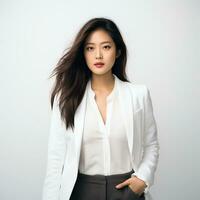 beautiful asian woman in white suit sitting on chair ai generated photo