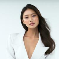 beautiful asian woman in white suit sitting on chair ai generated photo