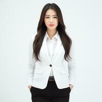 beautiful asian woman in white suit sitting on chair ai generated photo