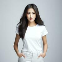 beautiful asian woman in white suit sitting on chair ai generated photo