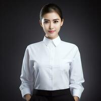 beautiful asian woman in white suit sitting on chair ai generated photo