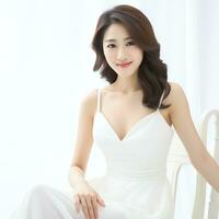 beautiful asian woman in white suit sitting on chair ai generated photo