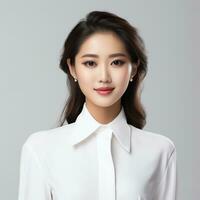 beautiful asian woman in white suit sitting on chair ai generated photo