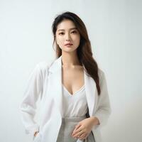 beautiful asian woman in white suit sitting on chair ai generated photo