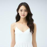 beautiful asian woman in white suit sitting on chair ai generated photo