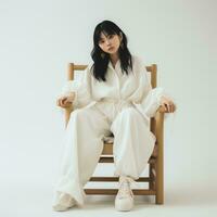 beautiful asian woman in white suit sitting on chair ai generated photo