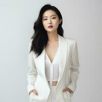 beautiful asian woman in white suit sitting on chair ai generated photo