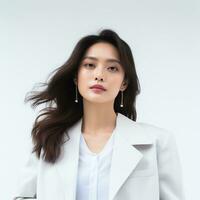 beautiful asian woman in white suit sitting on chair ai generated photo