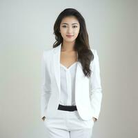 beautiful asian woman in white suit sitting on chair ai generated photo