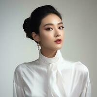 beautiful asian woman in white suit sitting on chair ai generated photo