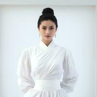 joven asiático mujer en blanco traje ai generado foto