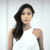 joven asiático mujer en blanco traje ai generado foto