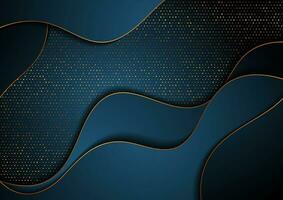 Dark blue and golden abstract tech wavy background vector