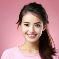 portrait of asian woman smiling and laughing on pink background photo