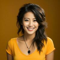 beautiful asian woman smiling with yellow background ai generated photo