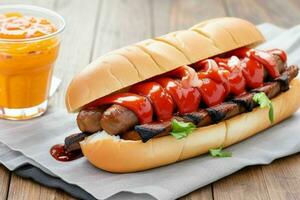 Grilled beef hot dog on bun. background. AI Generative Pro Photo