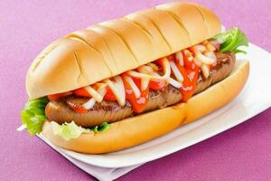 Grilled beef hot dog on bun. background. AI Generative Pro Photo