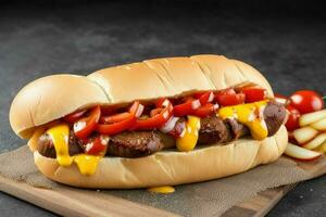 Grilled beef hot dog on bun. background. AI Generative Pro Photo