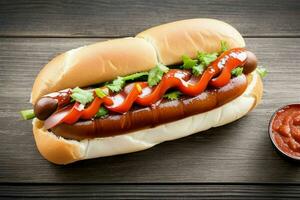 Grilled beef hot dog on bun. background. AI Generative Pro Photo