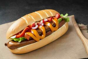 Grilled beef hot dog on bun. background. AI Generative Pro Photo