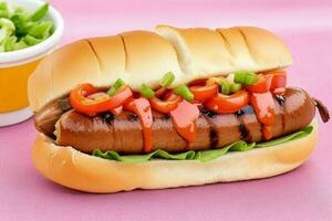 Grilled beef hot dog on bun. background. AI Generative Pro Photo