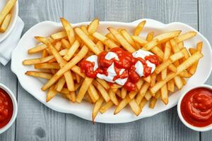 french fries with sour cream and ketchup. background. AI Generative Pro Photo