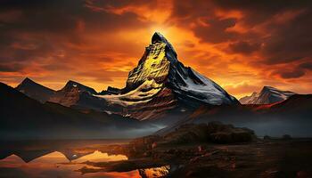 a mountain range with trees and a river ai generated photo
