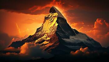 a mountain with clouds and fire in the sky ai generated photo