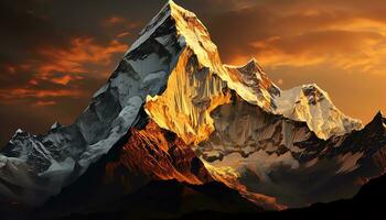 un montaña pico con naranja nubes y un puesta de sol ai generado foto