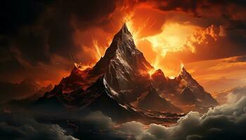a mountain with clouds and fire in the sky ai generated photo
