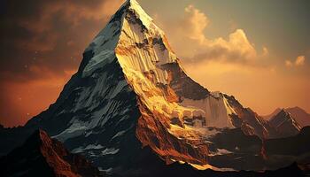 a mountain peak with orange clouds and a sunset ai generated photo