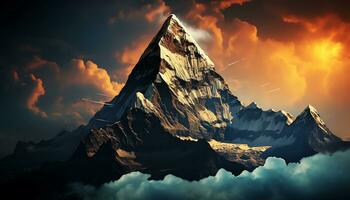 a mountain with clouds and fire in the sky ai generated photo