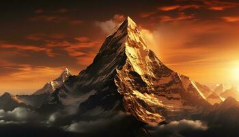 a mountain with clouds and fire in the sky ai generated photo