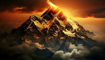 a mountain peak with orange clouds and a sunset ai generated photo
