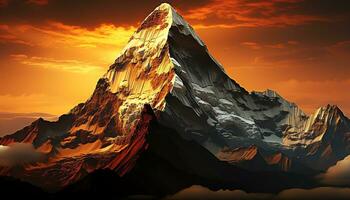 a mountain peak with orange clouds and a sunset ai generated photo