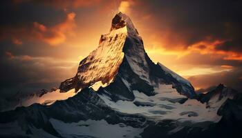 un montaña pico con naranja nubes y un puesta de sol ai generado foto