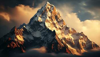 a mountain peak with orange clouds and a sunset ai generated photo