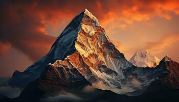 a mountain peak with orange clouds and a sunset ai generated photo