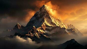 a mountain peak with orange clouds and a sunset ai generated photo