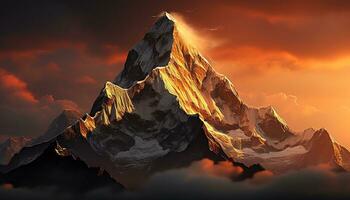 a mountain with clouds and fire in the sky ai generated photo