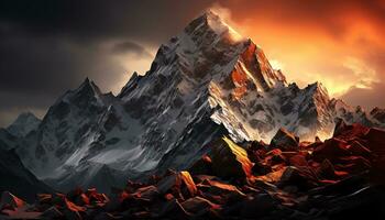 a mountain peak with orange clouds and a sunset ai generated photo