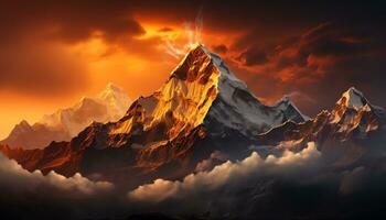 a mountain with clouds and fire in the sky ai generated photo