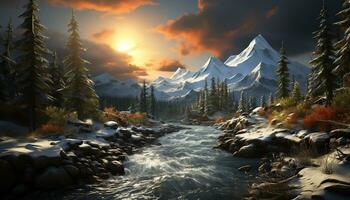 a mountain with clouds and fire in the sky ai generated photo