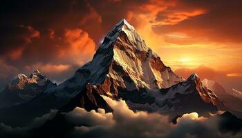 un montaña con nubes y fuego en el cielo ai generado foto