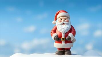 Santa Claus made by clay on blue sky with snowflake blur background. Cute Santa for Christmas wallpaper background with text space. photo