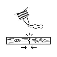 Applying glue from glue tip, and intact sticking two broken wooden plank together. Vector icon illustration outline isolated on square white background. Simple flat cartoon art styled drawing.