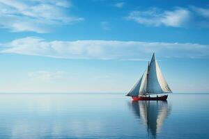 Boat with white sails in a calm blue sea. Reflection of a sailboat on the water. Generated by artificial intelligence photo