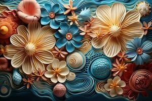 Multicolored flowers in cut paper style. Plants on the seabed. Generated by artificial intelligence photo