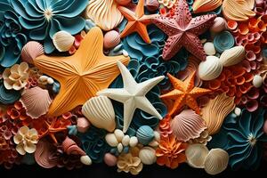 Seabed with starfish, shells, tubefish. Marine decorative set. Underwater ecosystem, aquatic natural creatures. Generated by artificial intelligence photo