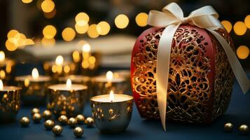 Navidad pelotas en un mesa decorado para celebrado Navidad o nuevo año. ai generado. foto